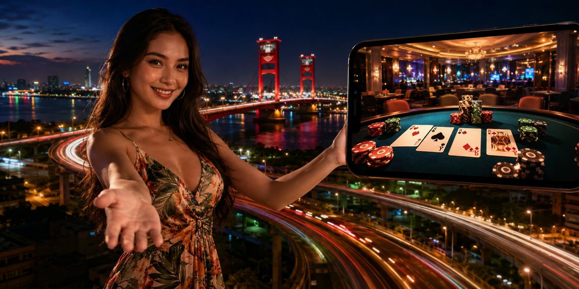 Model memainkan kartu di meja game dengan gaya elegan